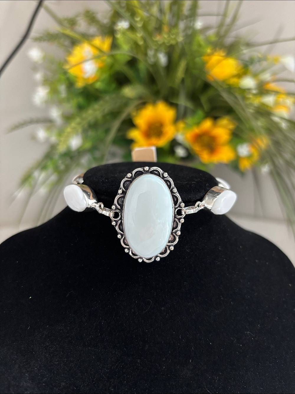 Sterling Elegant White Opal Gemstone Cuff Link Bracelet